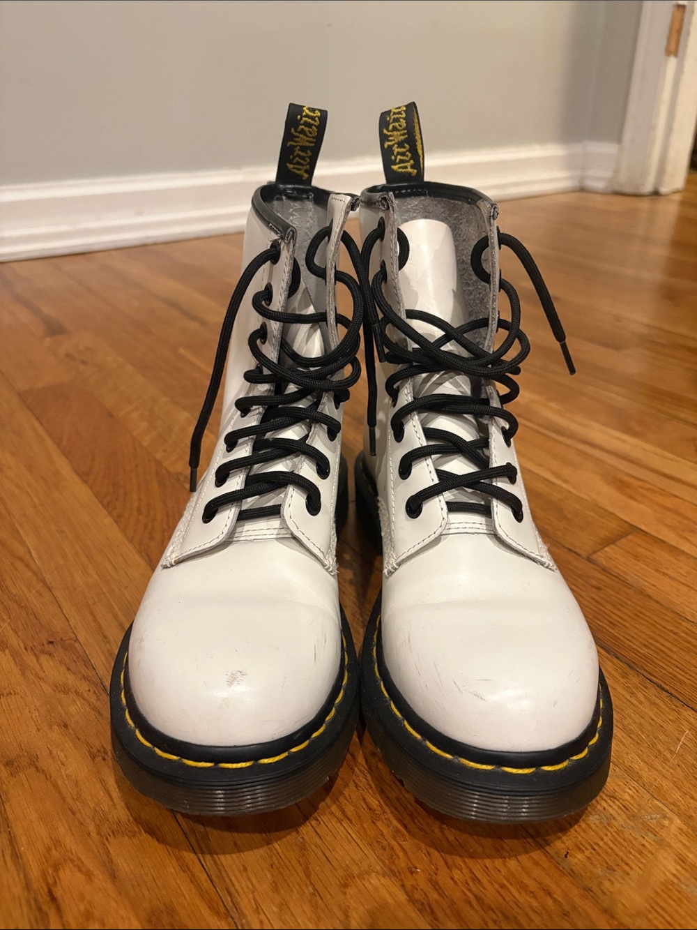 Dr. Martens White Leather Lace-Up Combat Boots with Black Laces